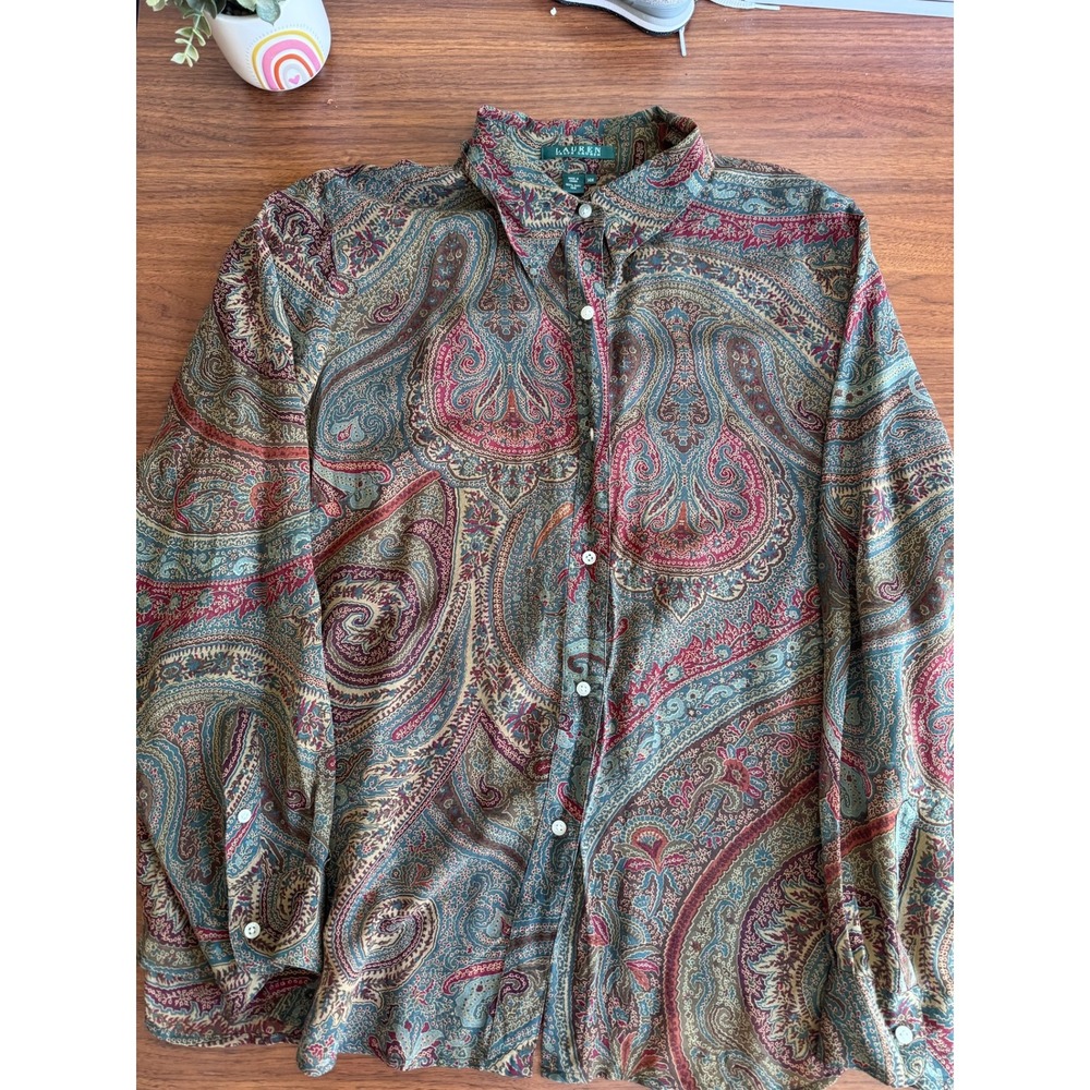 Lauren Ralph Lauren Silk Paisley Button Down Blouse 14W Burgundy Teal Top